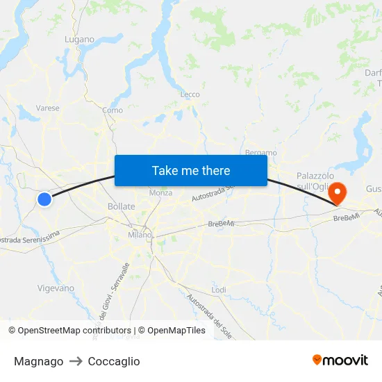 Magnago to Coccaglio map