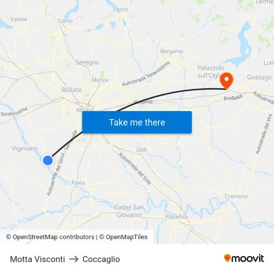 Motta Visconti to Coccaglio map