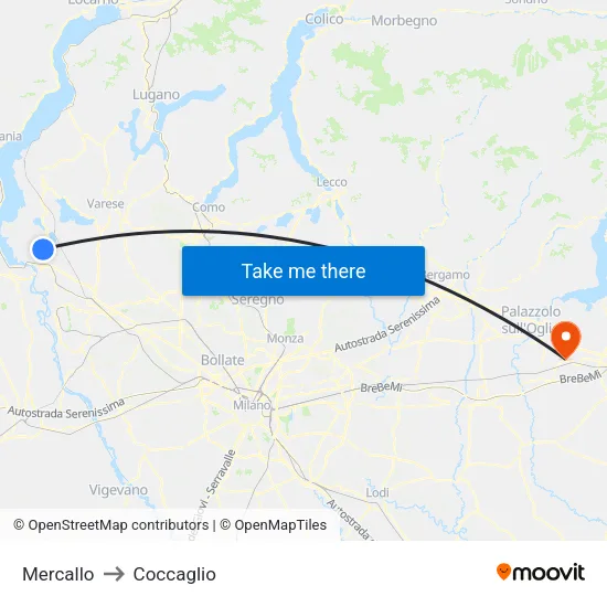 Mercallo to Coccaglio map