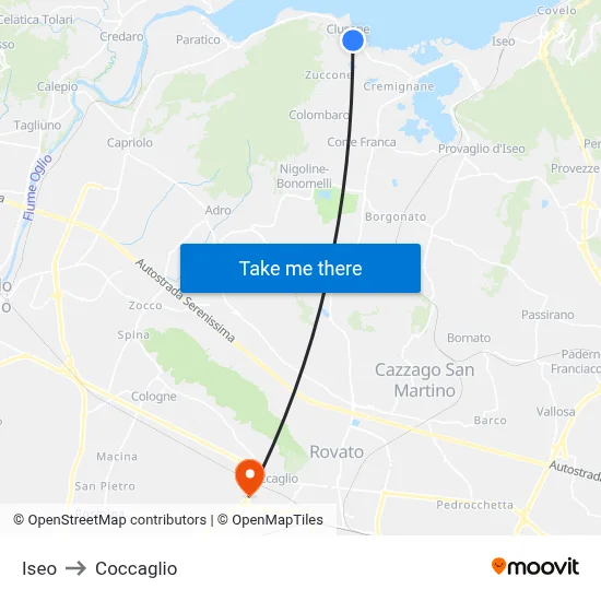 Iseo to Coccaglio map
