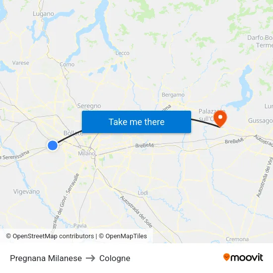 Pregnana Milanese to Cologne map