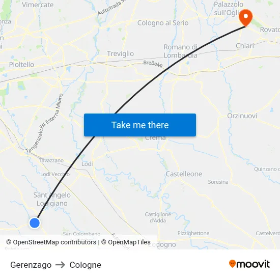 Gerenzago to Cologne map
