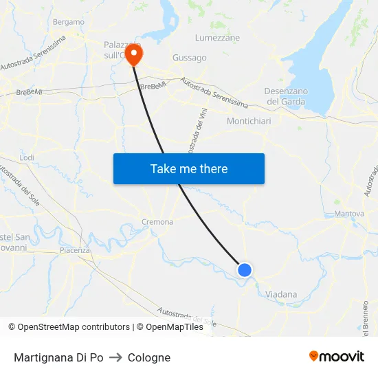Martignana di Po to Cologne map