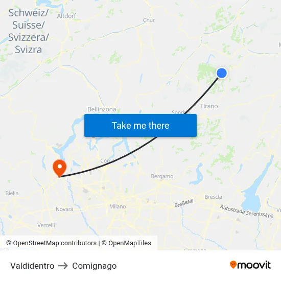 Valdidentro to Comignago map