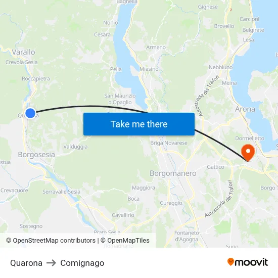 Quarona to Comignago map