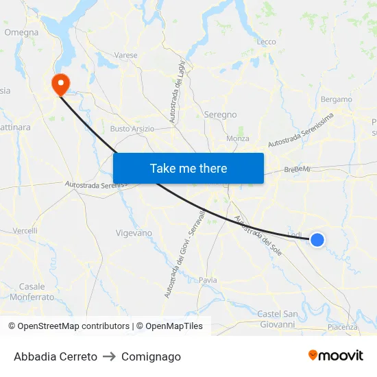 Abbadia Cerreto to Comignago map