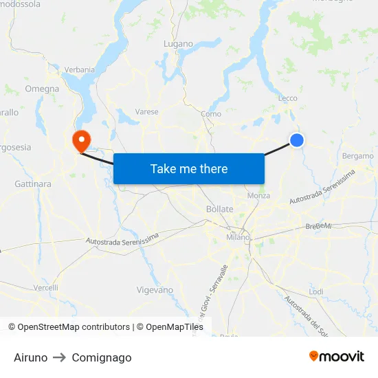 Airuno to Comignago map