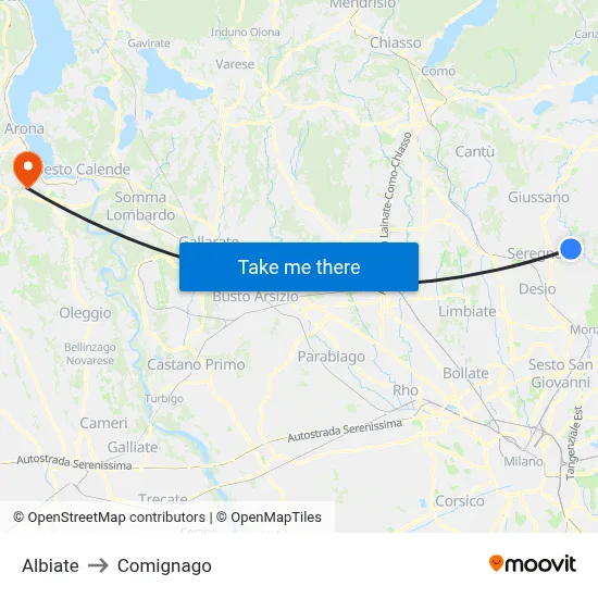 Albiate to Comignago map