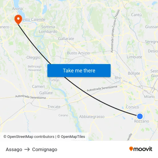 Assago to Comignago map