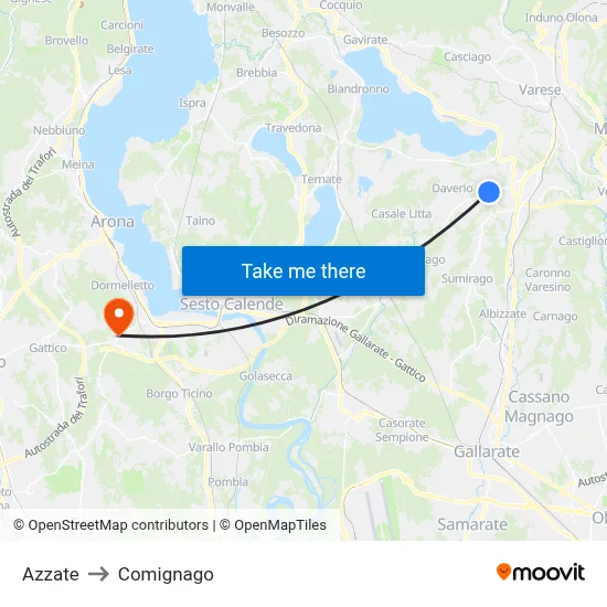 Azzate to Comignago map