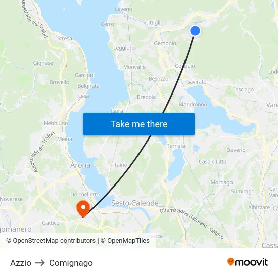 Azzio to Comignago map