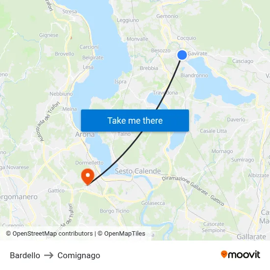 Bardello to Comignago map