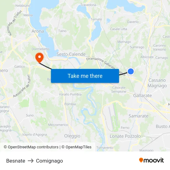 Besnate to Comignago map