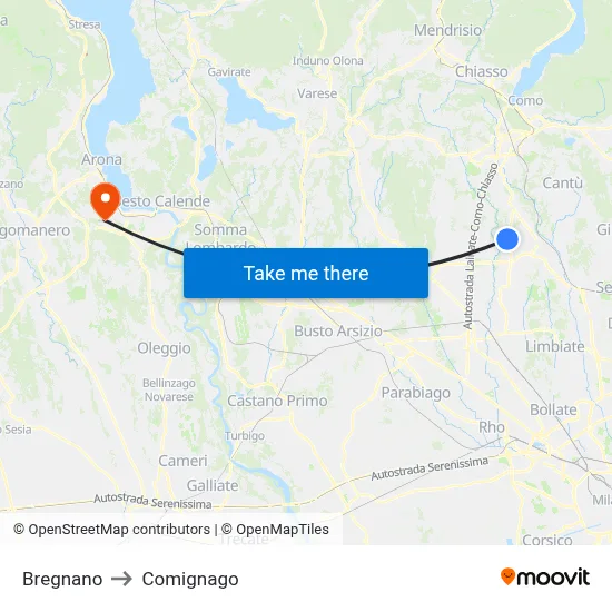 Bregnano to Comignago map