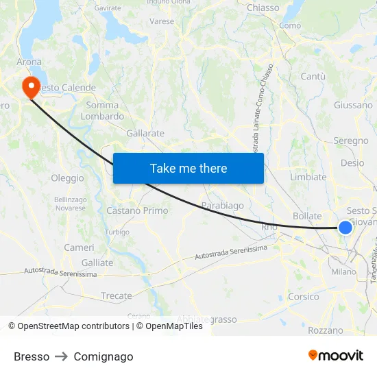 Bresso to Comignago map