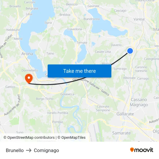 Brunello to Comignago map