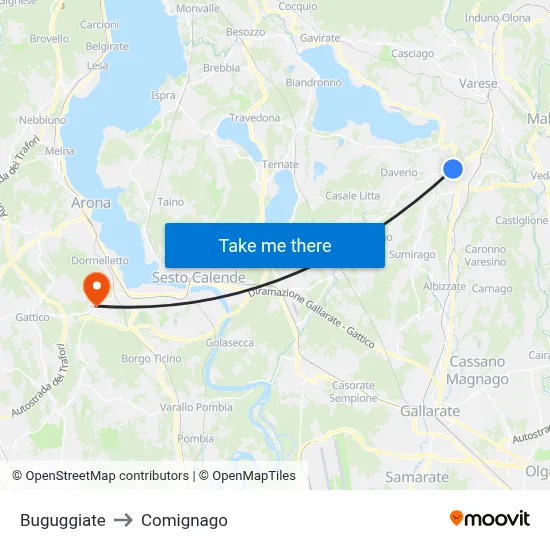 Buguggiate to Comignago map