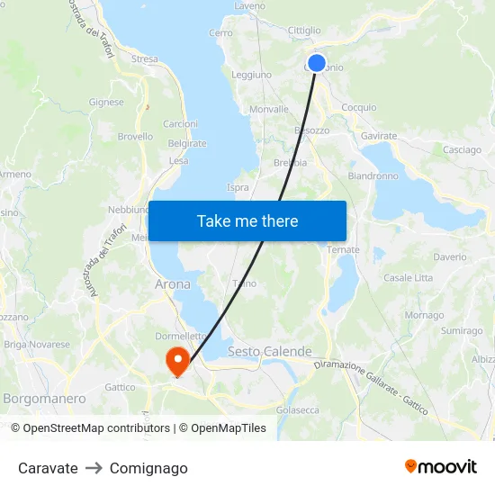 Caravate to Comignago map