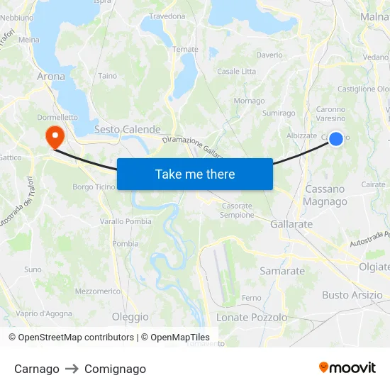 Carnago to Comignago map