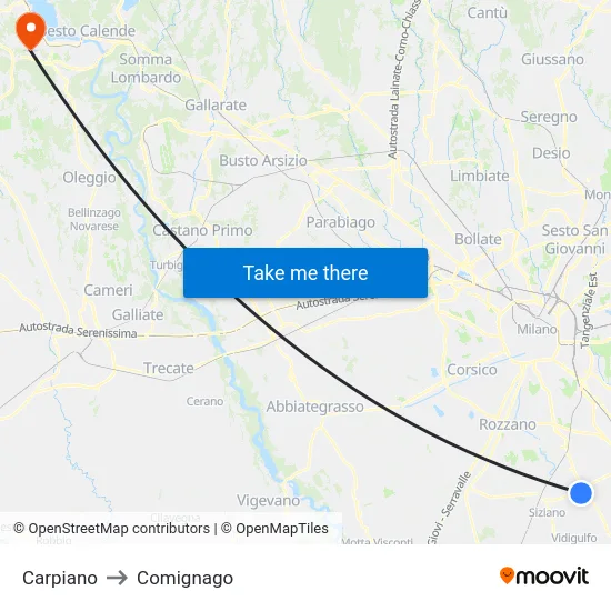 Carpiano to Comignago map