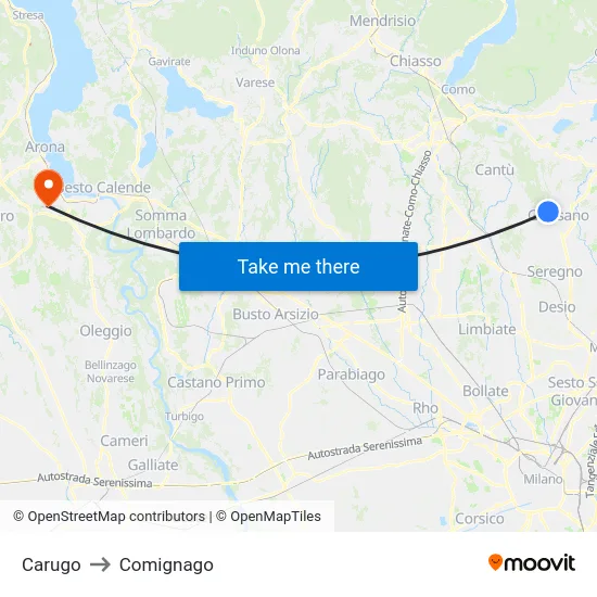 Carugo to Comignago map