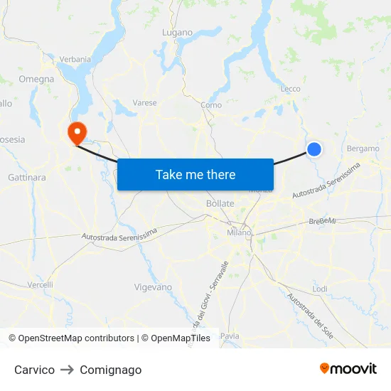 Carvico to Comignago map