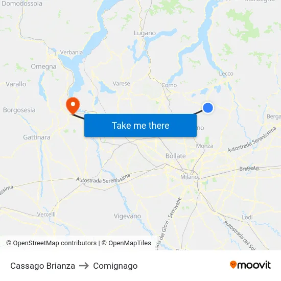 Cassago Brianza to Comignago map