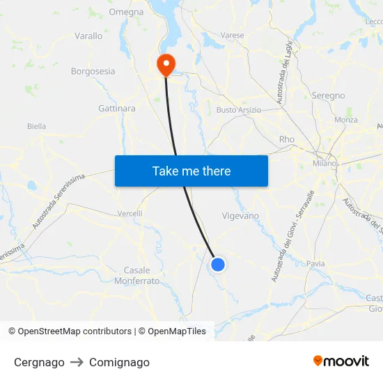 Cergnago to Comignago map