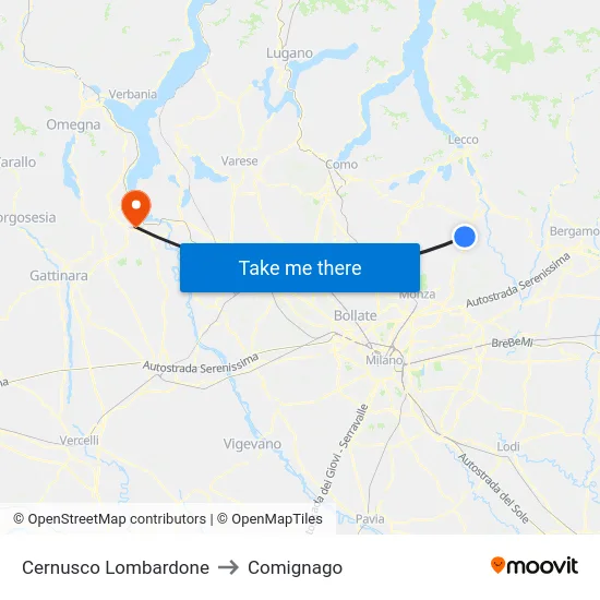 Cernusco Lombardone to Comignago map
