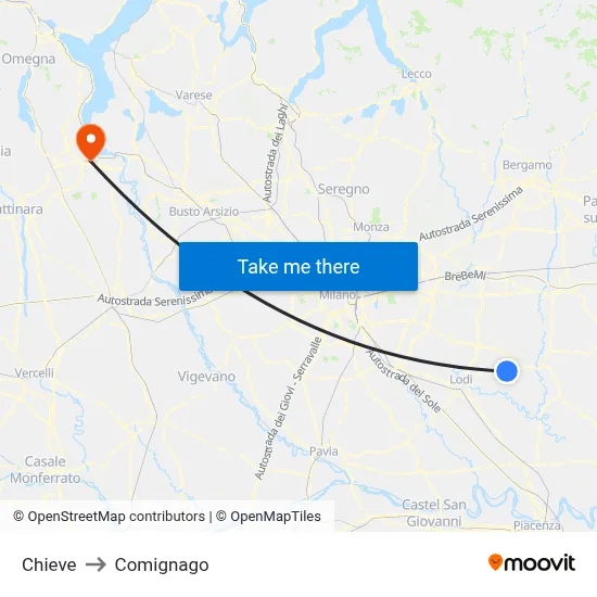 Chieve to Comignago map