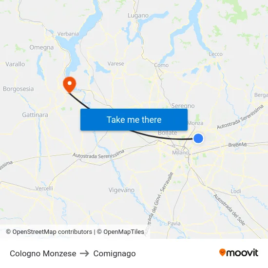 Cologno Monzese to Comignago map