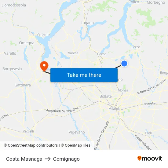 Costa Masnaga to Comignago map