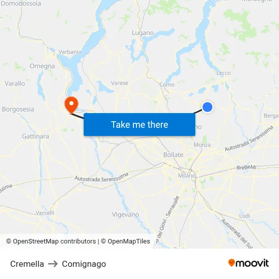 Cremella to Comignago map