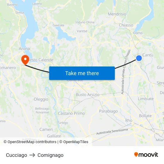 Cucciago to Comignago map