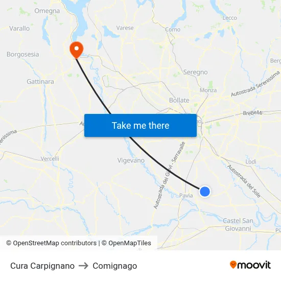 Cura Carpignano to Comignago map