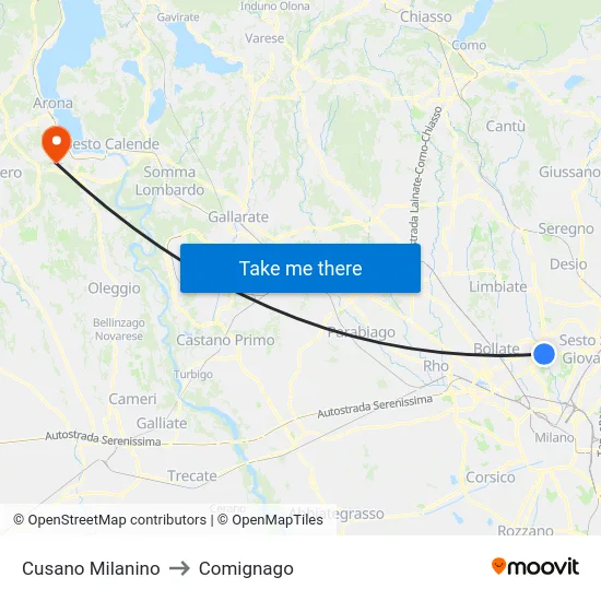 Cusano Milanino to Comignago map