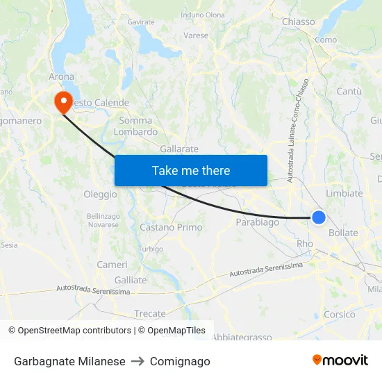Garbagnate Milanese to Comignago map