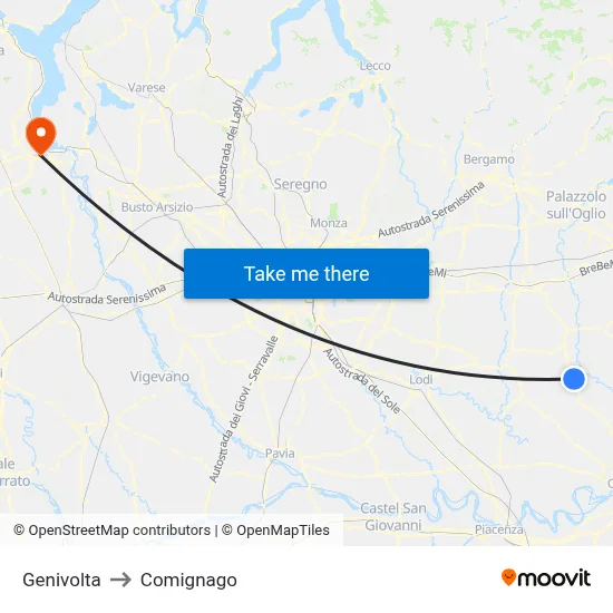 Genivolta to Comignago map