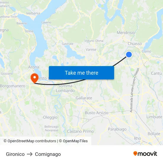 Gironico to Comignago map