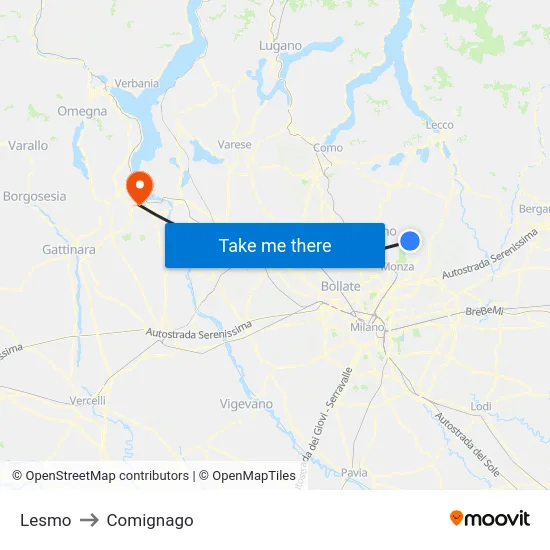 Lesmo to Comignago map