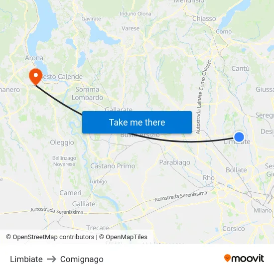 Limbiate to Comignago map