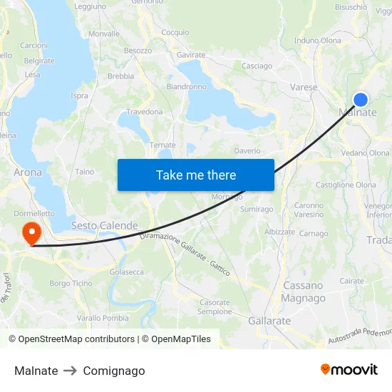 Malnate to Comignago map