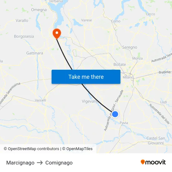 Marcignago to Comignago map