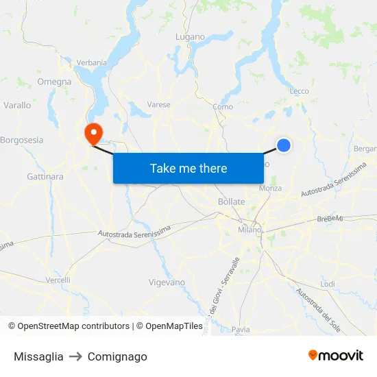Missaglia to Comignago map