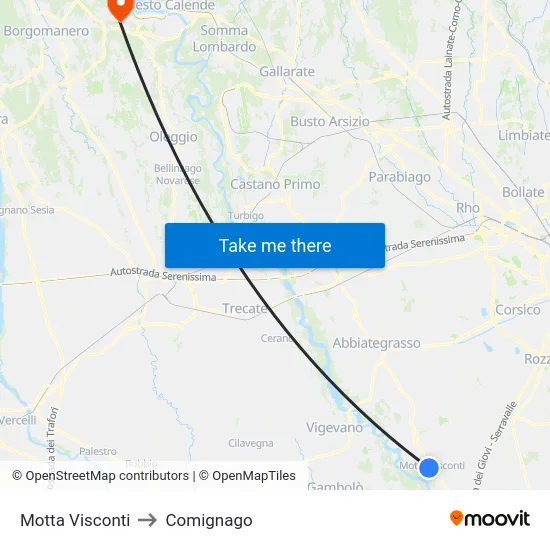 Motta Visconti to Comignago map