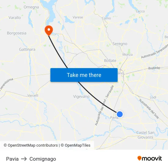 Pavia to Comignago map