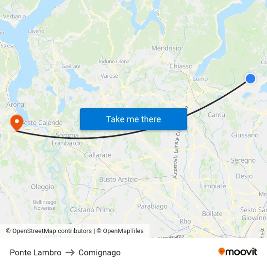 Ponte Lambro to Comignago map