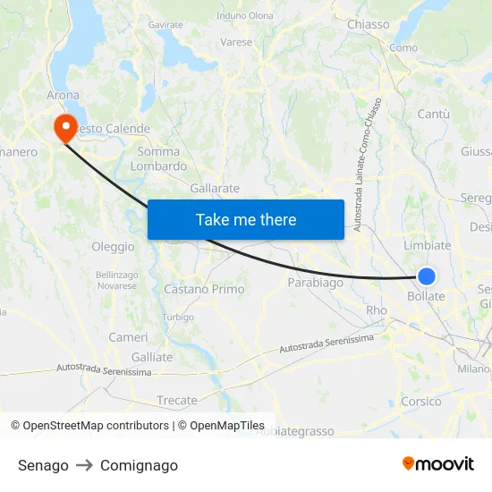 Senago to Comignago map