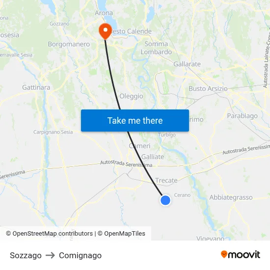 Sozzago to Comignago map