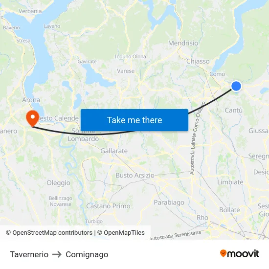Tavernerio to Comignago map